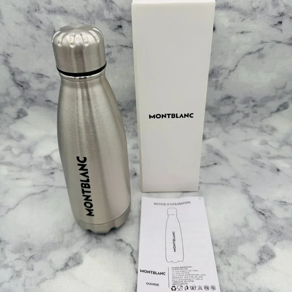 Montblanc Stainless Steel Travel Water Bottle, Silver Logo, Screw Lid,Boxed -NEW
